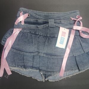 Trendy Denim Shorts with Pink Ribbon Details
